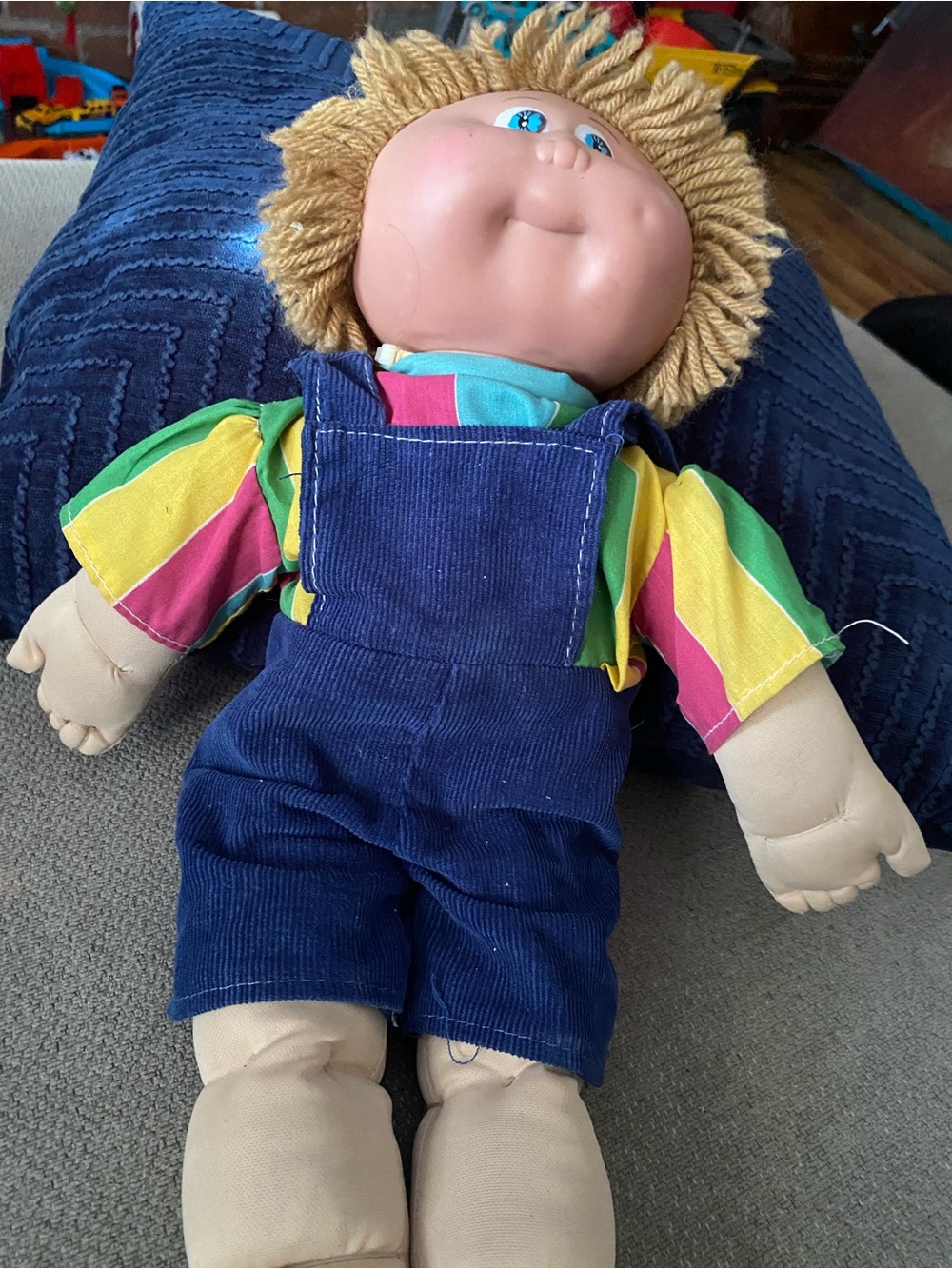 Classic Kids Plush Doll with Navy Overalls and Striped Shirt